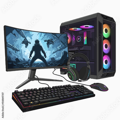 Full Set RGB Gaming Computer Setup with Keyboard, Mouse, Monitor, and Colorful Lighting