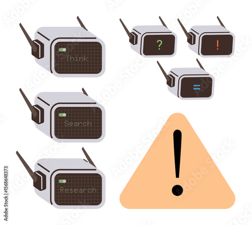 Small AI drones display keywords thumbs up Think and Research, question and exclamation marks, and balance icons. Ideal for innovation, exploration, problem-solving, technology, artificial