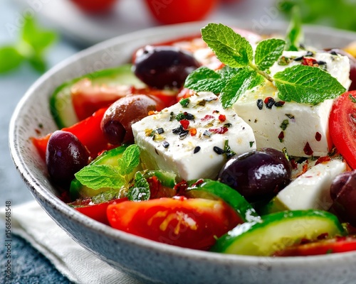Fresh greek salad with feta cheese olives and herbs