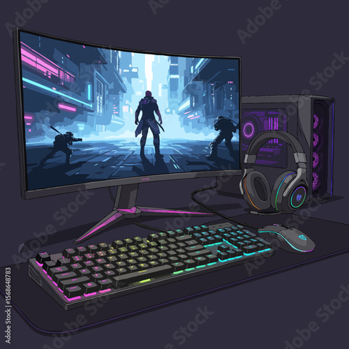 Full Set RGB Gaming Computer Setup with Keyboard, Mouse, Monitor, and Colorful Lighting