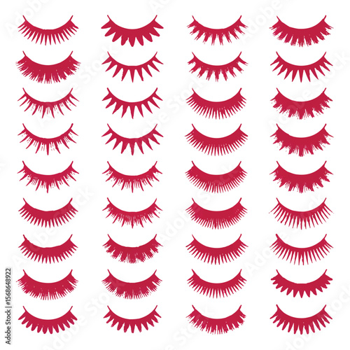 A repeating pattern of stylized red eyelashes with a slightly textured brush stroke effect on a white background