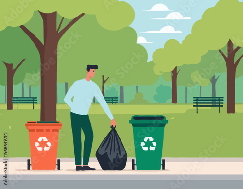 Flat vector illustration of a man holding garbage bags near a recycling bin in a park. Concept of waste management, recycling, eco-friendliness, environmental .