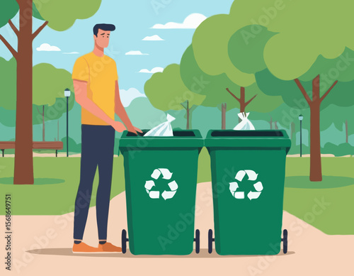 Flat vector illustration of a man holding garbage bags near a recycling bin in a park. Concept of waste management, recycling, eco-friendliness, environmental .