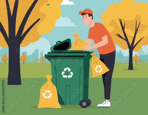 Flat vector illustration of a man holding garbage bags near a recycling bin in a park. Concept of waste management, recycling, eco-friendliness, environmental .