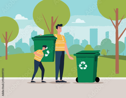 Flat vector illustration of a man holding garbage bags near a recycling bin in a park. Concept of waste management, recycling, eco-friendliness, environmental .