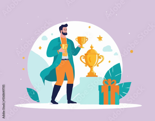 Money bonus landing page. Man with golden cup near gift box. Award and reward for clients. Discounts and promotions, sales. Poster or banner for website. Flat vector illustration See Less