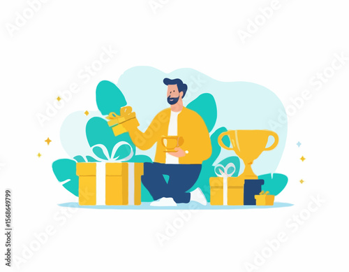 Money bonus landing page. Man with golden cup near gift box. Award and reward for clients. Discounts and promotions, sales. Poster or banner for website. Flat vector illustration See Less