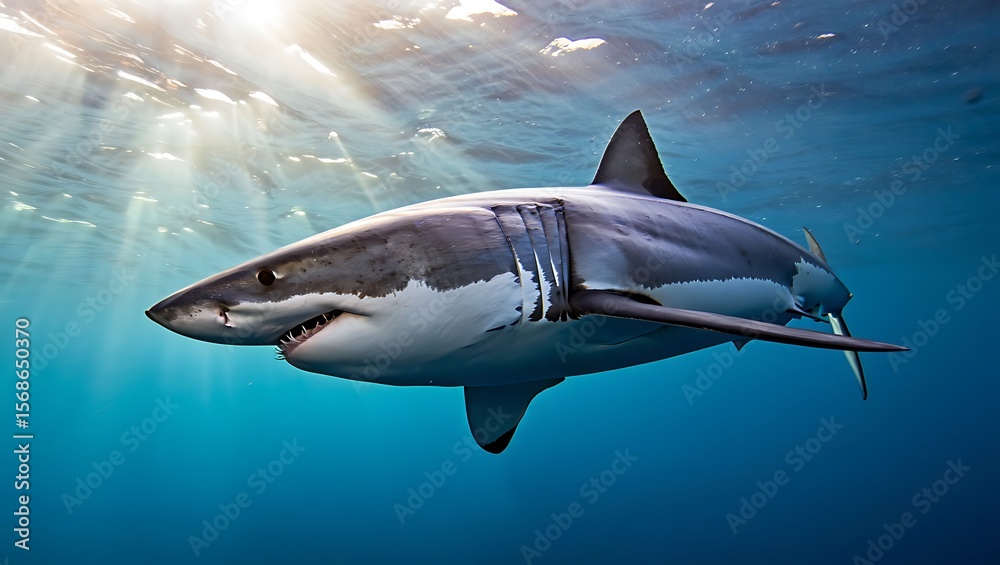 Fototapeta premium Majestic Great White Shark Ocean Predator in Sunlit Depths