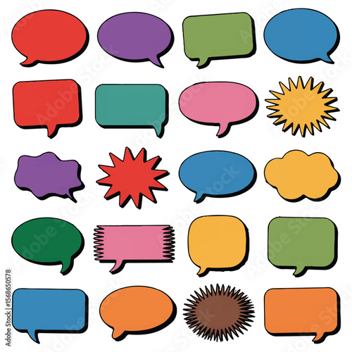 Collection of colorful hand drawn speech bubbles and thought bubbles in various shapes and sizes