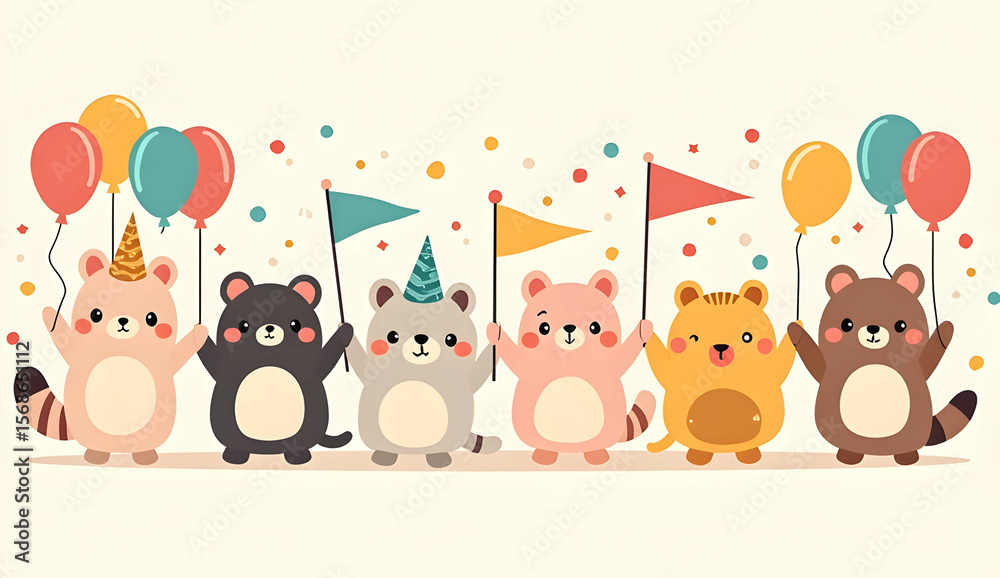 Naklejka premium Kawaii Animal Parade Walking with Flags and Balloons on transparent background 