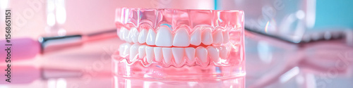 Pink Dental Model with Artificial Teeth and Blurred Background