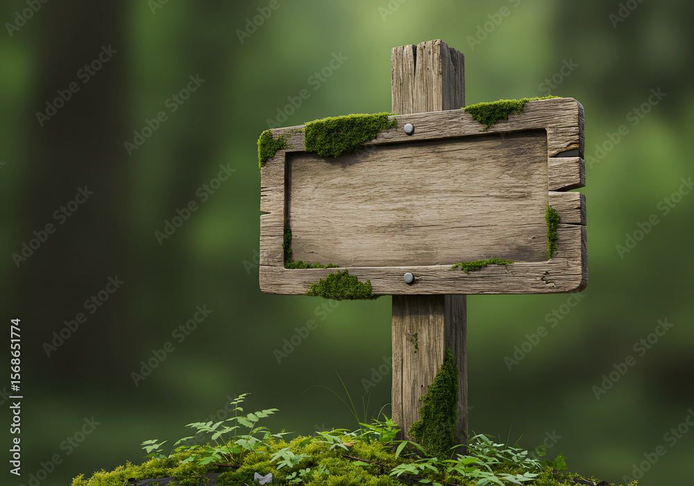 Fototapeta premium Blank Wooden Sign in Forest, Nature Landscape, Moss, Empty Board, Signpost, Background.