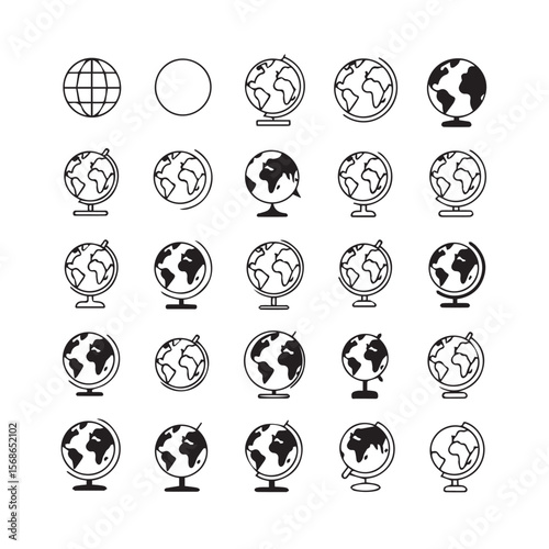 Collection of diverse globe icons in various styles and perspectives representing global concepts and geography