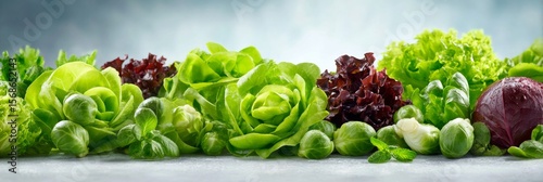  A clean, light background of assorted salad greens with soft focus. Natural lighting and pastel tones make it perfect for health-conscious product placements. 