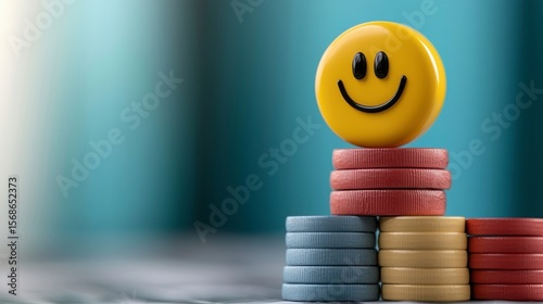 Pill Stack with Smiling Face: A whimsical arrangement of stacked colorful pills topped with a smiling yellow face. conveying positivity, wellness, and the benefits of modern healthcare.