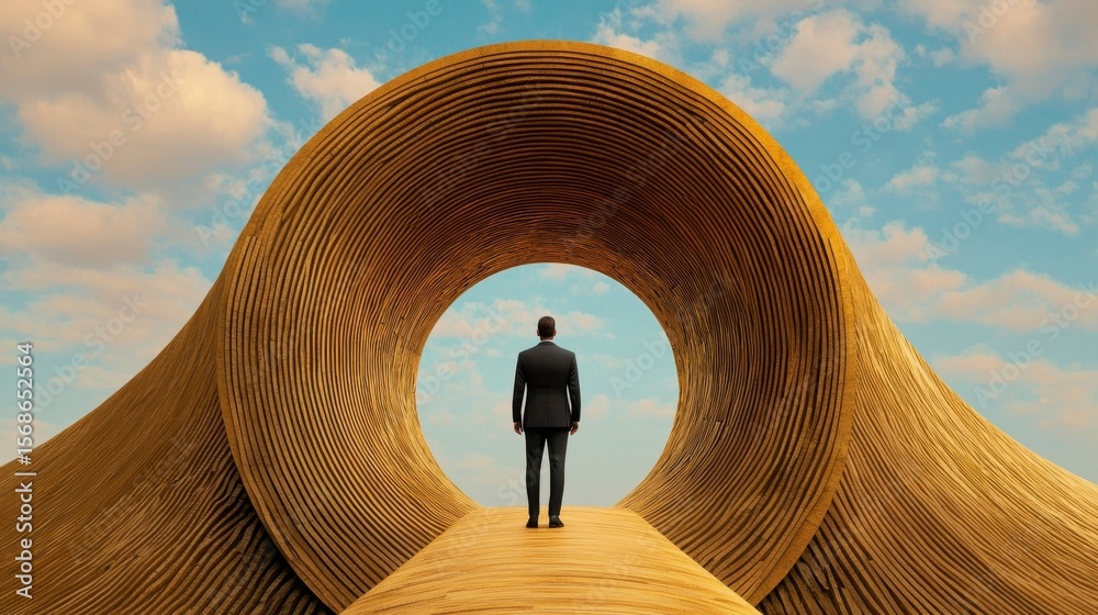 custom made wallpaper toronto digitalPathway to Possibilities: A confident man in a sharp suit stands at the entrance of abstract gate on the bridge, beckoning viewers to step into a world of new career and personal opportunities.