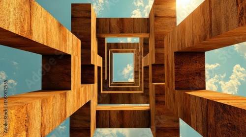 Wallpaper Mural Wooden Structure and Sky: An abstract image of a wooden structure creating a tunnel-like effect, with a view of a blue sky and clouds visible through the gaps. Torontodigital.ca