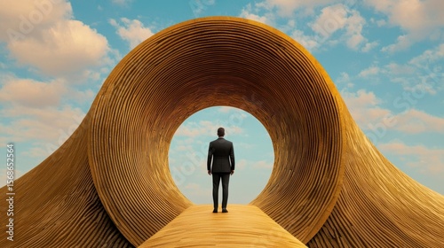 Wallpaper Mural Pathway to Possibilities: A confident man in a sharp suit stands at the entrance of abstract gate on the bridge, beckoning viewers to step into a world of new career and personal opportunities. Torontodigital.ca