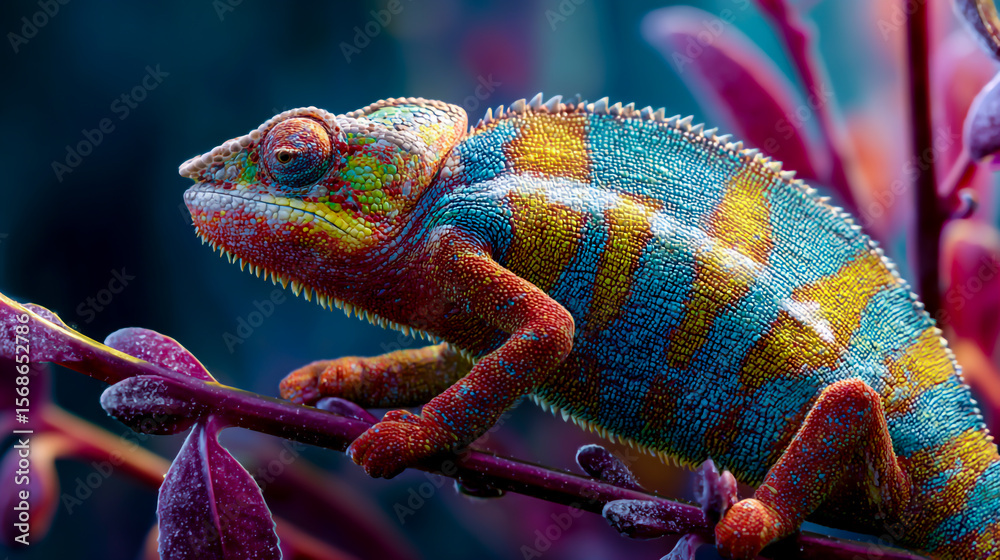 Fototapeta premium Chameleon with vibrant colors, basking in the sun on plant