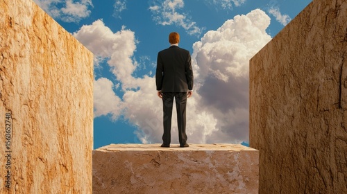 Wallpaper Mural Businessman at Crossroads: A businessman stands on a precipice, gazing at a bright sky filled with fluffy clouds, symbolizing opportunity and the choices ahead. Torontodigital.ca
