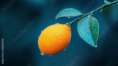 Wallpaper Mural Citrus Fruit on Branch: A vibrant orange citrus fruit, glistening with water droplets, hangs from a branch adorned with lush green leaves. The backdrop is a moody teal. Torontodigital.ca