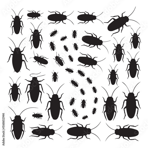 Collection of black cockroach silhouettes of various sizes scattered across a white background