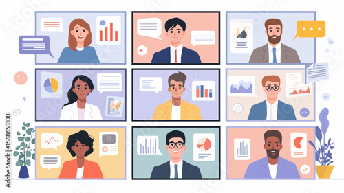 Distant team communication in a video conference featuring diverse professionals in online virtual meetings and business collaboration.