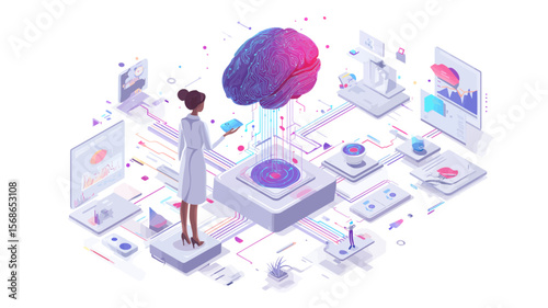 Digital brain analysis concept shows a woman scientist working with artificial intelligence, research, and data, offering advanced technology solutions.