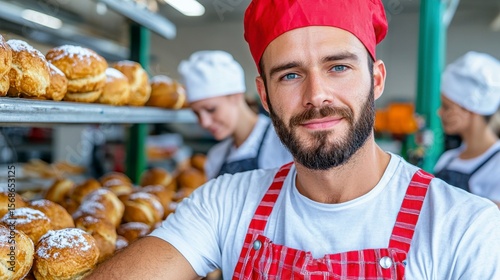 Wallpaper Mural Crafting Culinary Delights: A focused baker, adorned in a classic chef's hat and apron, embodies the art of bread making, a proud portrait amid his artisan baked goods. Torontodigital.ca