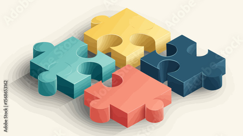 Interlocking jigsaw puzzle pieces in assorted colors come together showing connection, teamwork, and unity for collaborative projects.