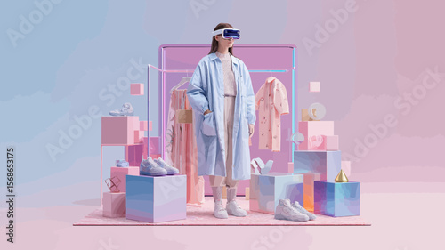 Stylish woman in VR headset surrounded by apparel and accessories offers a fresh perspective on fashion and virtual try-on experiences.