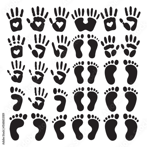 Collection of black handprints and footprints with heart shapes on white background for design