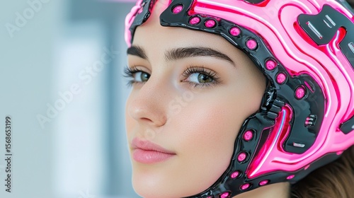 Wallpaper Mural Beautiful woman with innovative beauty mask: A portrait of a woman showcasing a futuristic, pink and black beauty mask, a testament to modern skincare technology and beauty innovation. Torontodigital.ca