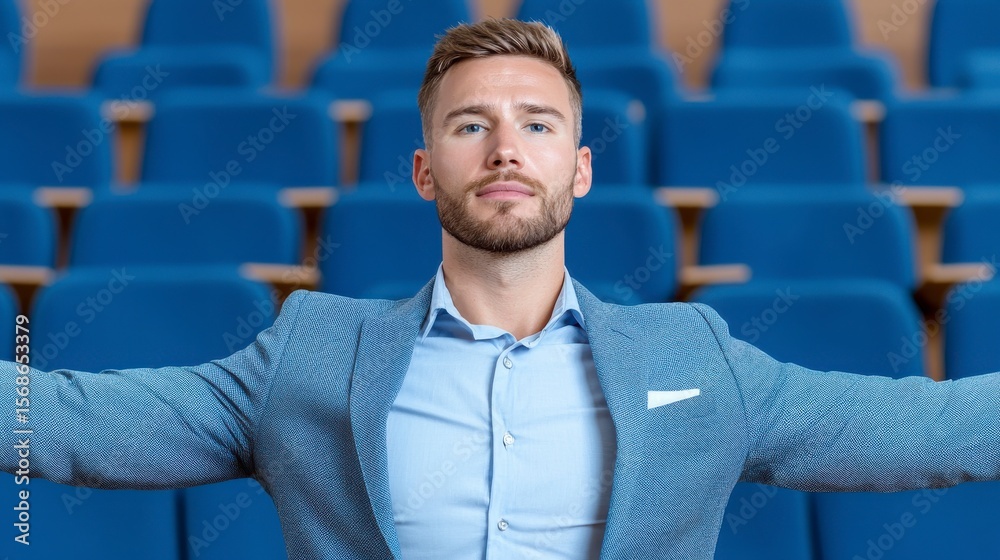 custom made wallpaper toronto digitalConfident Presence: A well-dressed man exudes confidence in a spacious auditorium, with an open posture that suggests authority and approachability, ready to engage with an unseen audience.