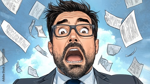 Wallpaper Mural Overwhelmed by Paperwork: A man's shocked expression as paper fly around him, embodies the stress of work and the feeling of drowning in details.  Torontodigital.ca