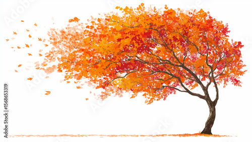 Autumn tree with vibrant orange foliage and falling leaves, creating a seasonal design evoking nature's beauty and the spirit of fall.