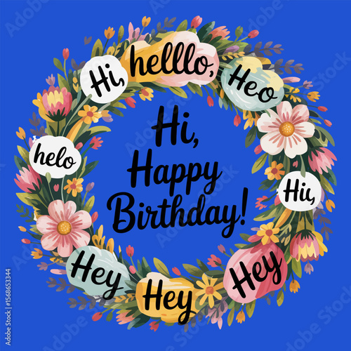 Happy birthday greeting surrounded by floral wreath with blue background.