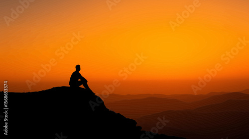 Solitude silhouette design portrays a person contemplating atop a mountain at sunset, making it fitting for various symbolic graphic applications.