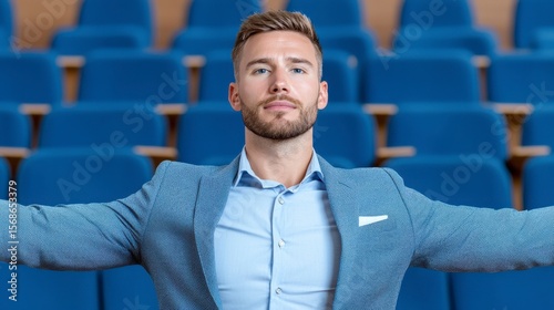 Wallpaper Mural Confident Presence: A well-dressed man exudes confidence in a spacious auditorium, with an open posture that suggests authority and approachability, ready to engage with an unseen audience. Torontodigital.ca
