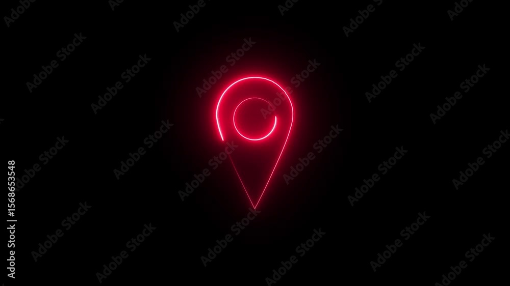 Abstract location glowing neon icon fast tracking map pin icon animation.Animated neon location pin icon glowing on black background