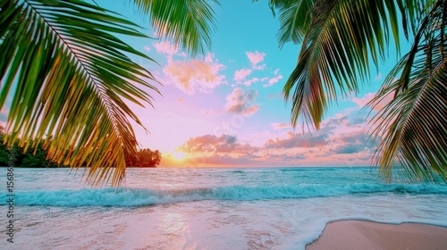 Wallpaper Mural Tropical Paradise: A captivating view of a serene beach, featuring gently lapping waves, soft sand, and swaying palm leaves under a sky painted with a radiant sunset. Torontodigital.ca