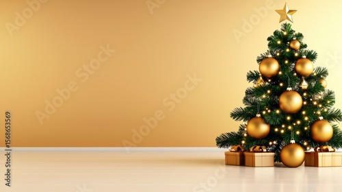 Wallpaper Mural Festive Holiday Cheer: An elegantly decorated Christmas tree, adorned with twinkling lights, golden ornaments, and a radiant star, stands against a warm, inviting backdrop of the festive season. Torontodigital.ca