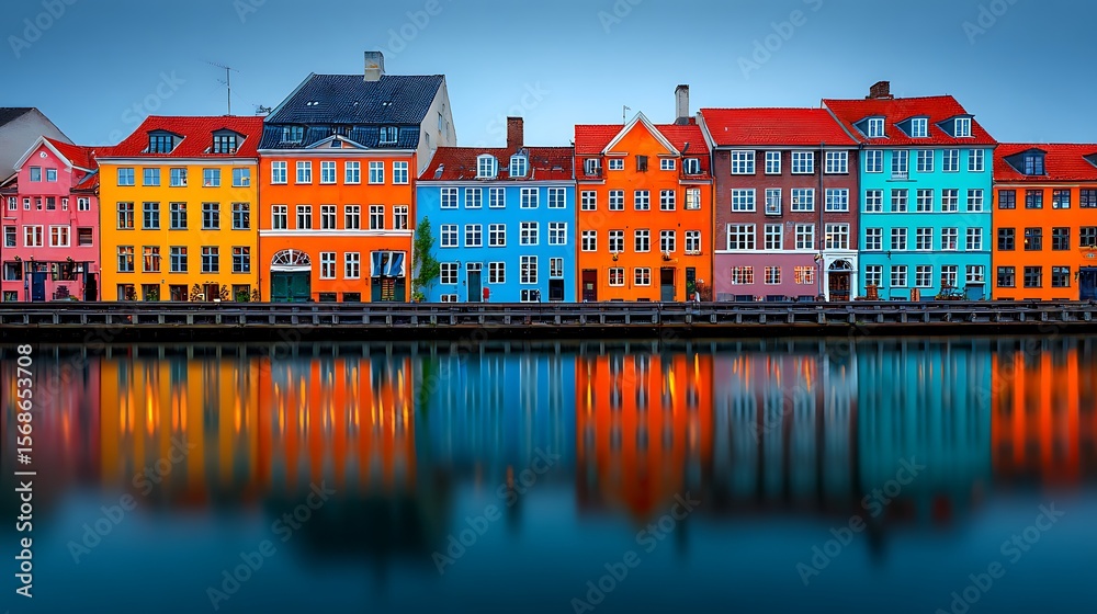 Obraz premium Nyhavn Harbor Copenhagen Denmark Vibrant Colorful Facades Street-Level Shot Reflections Calm Canal Water Travel Photography