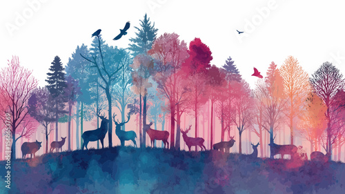 Scenic woodland graphic featuring a silhouetted deer herd and soaring birds, creating a nature-inspired design for various creative applications.