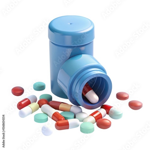 Blue pill bottle with spilled capsules isolated on white background