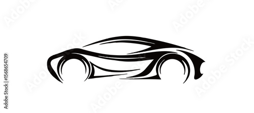 Stylized sports car logo design. Abstract tribal style race car silhouette for automotive, tuning, and garage services. Fast vehicle vector graphic icon for decal or sticker.