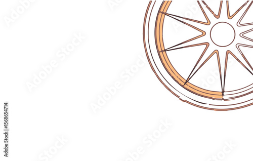 Partial car wheel illustration in a corner. Modern alloy rim with star-shaped spokes as a design element or background template. Vector outline graphic for automotive and transport concepts.