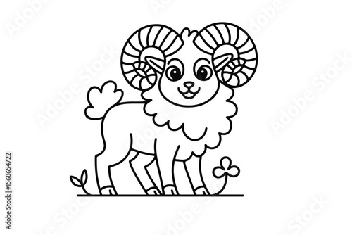 Cute cartoon ram outline for coloring page. Adorable Aries zodiac symbol or farm sheep character with big horns and a clover. Black and white vector line art illustration for children.