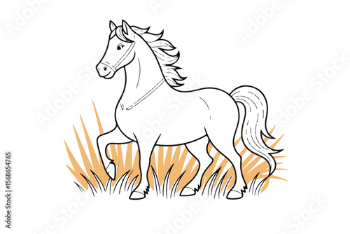 Elegant horse standing in tall grass. Graceful stallion or mare character for equestrian themes or children's coloring pages. Vector illustration with black outlines and colored grass details.