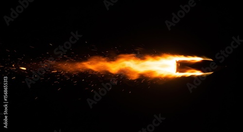 Bullet with fiery trail speeding through the dark, showing motion and impact.